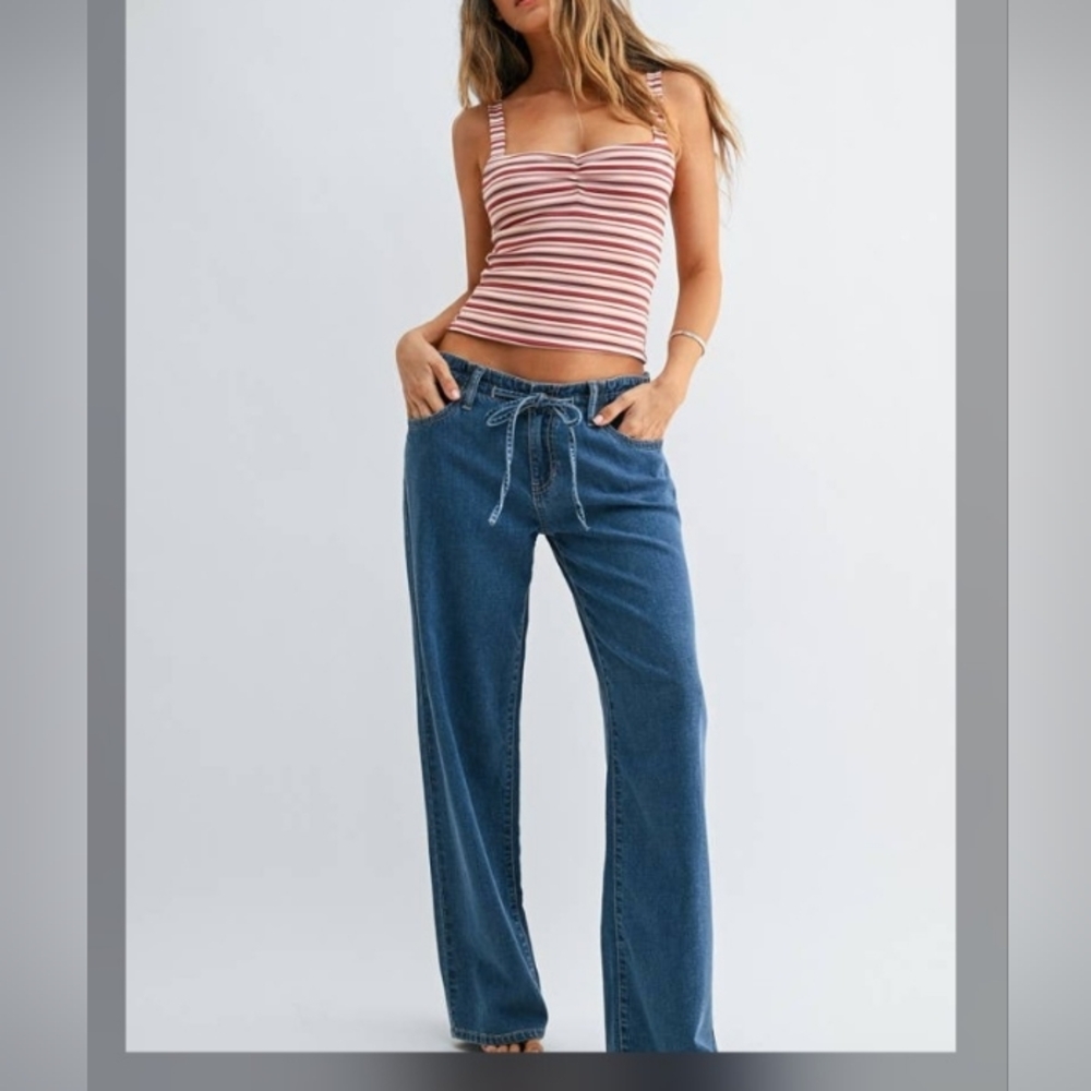 Low Rise Drawstring Linen Blend Denim